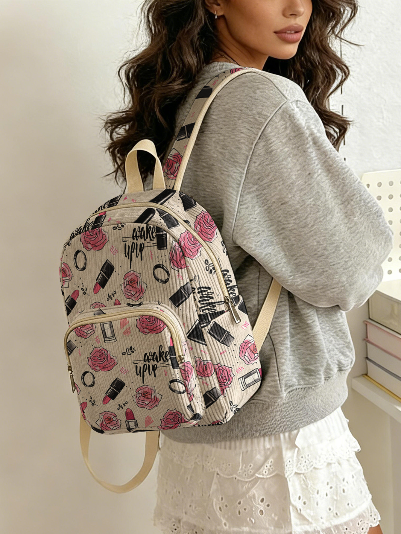 Rose Lipstick Print Allover Wo - Fashion Backpack Women のレビューと価格